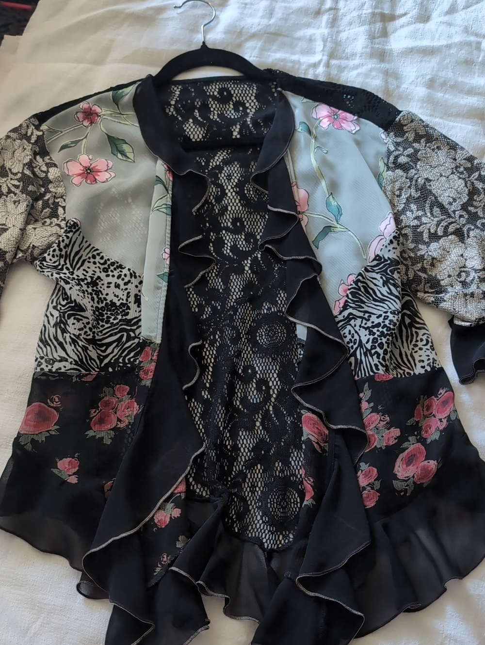 Vintage Floral & Lace Ruffle Open Front Komino - Black with Pink Floral Accents